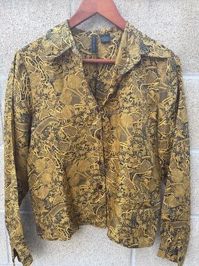 Printed Button-Down Blouse in Mustard and Black